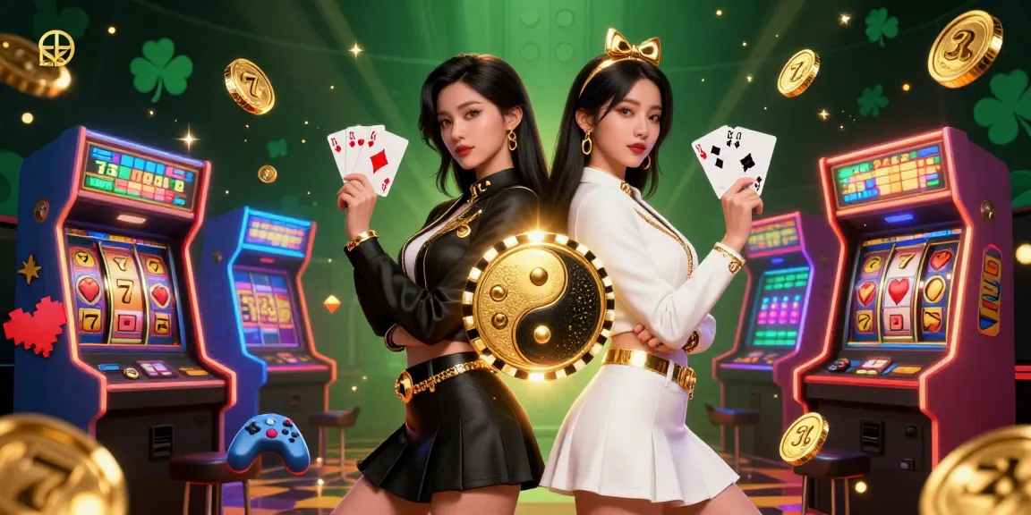 Spin to win with slot88 in an energetic casino scene featuring twin Asian women with playing cards.
