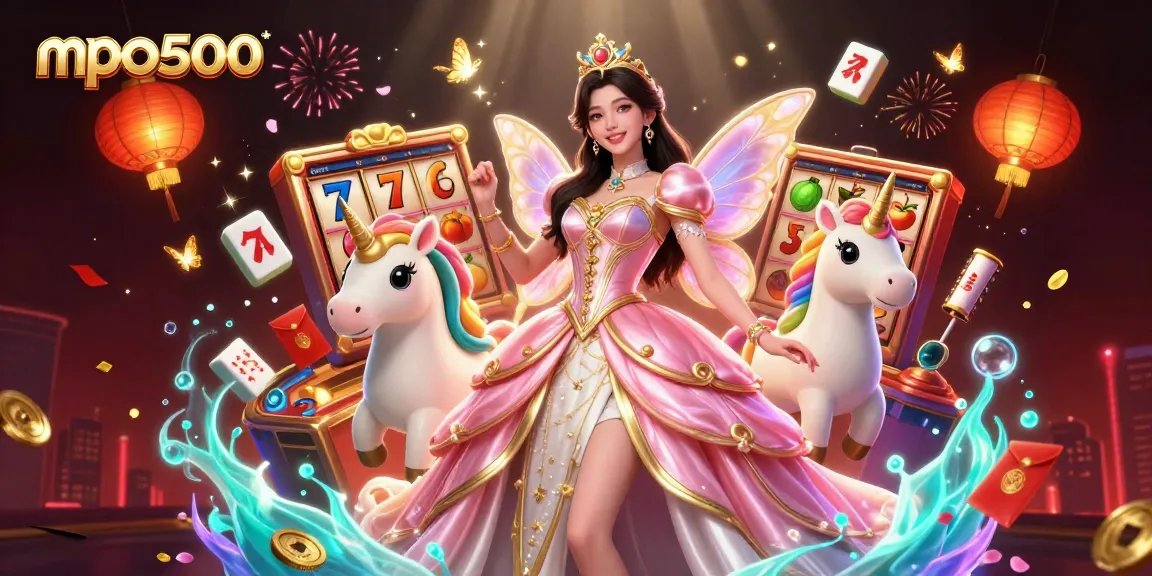 Engage with mpo500's rich gaming experience featuring a glamorous Asian woman and mythical unicorn amidst vibrant casino elements.