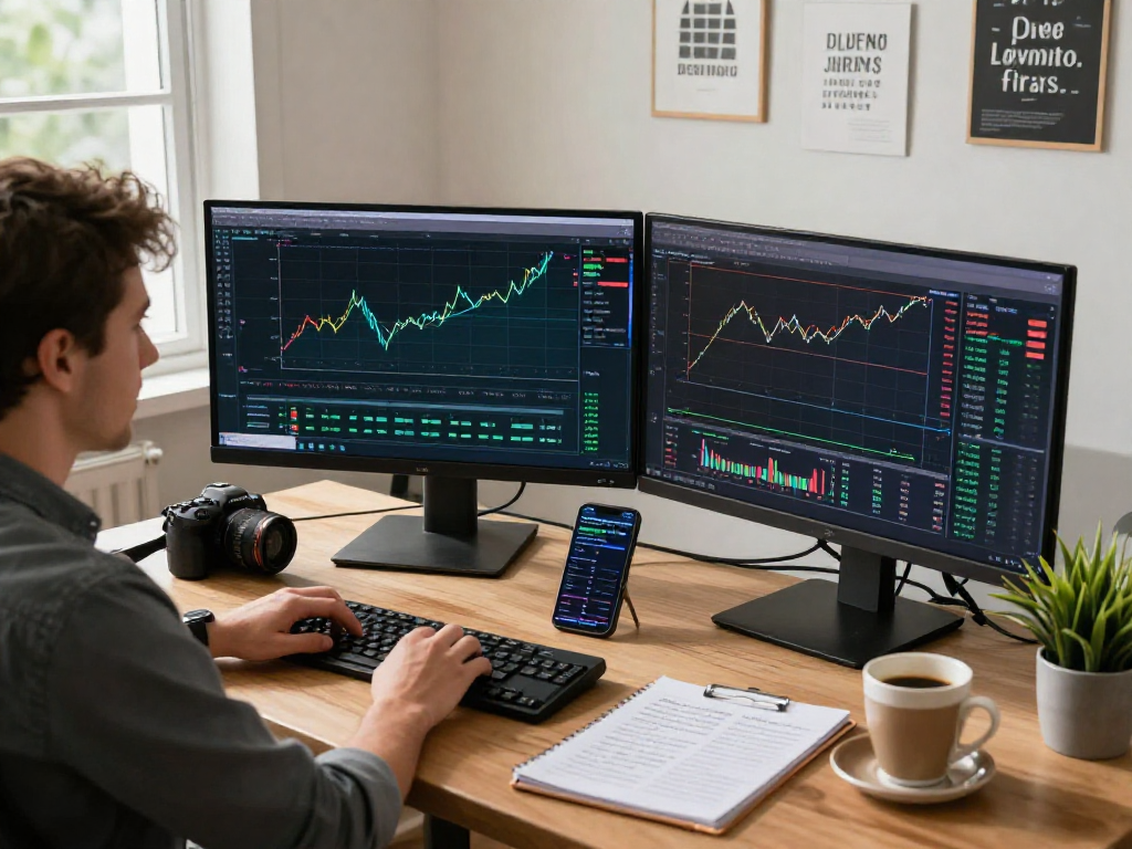 Trader using metatrader 5 on multiple screens in a professional workspace.