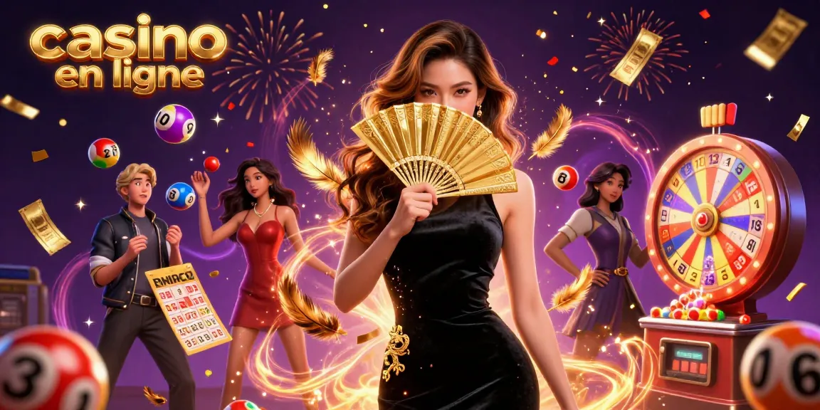 Interagissez avec une scène dynamique de casino en ligne mettant en vedette une femme asiatique en robe élégante au milieu d'éléments de loterie flottants.