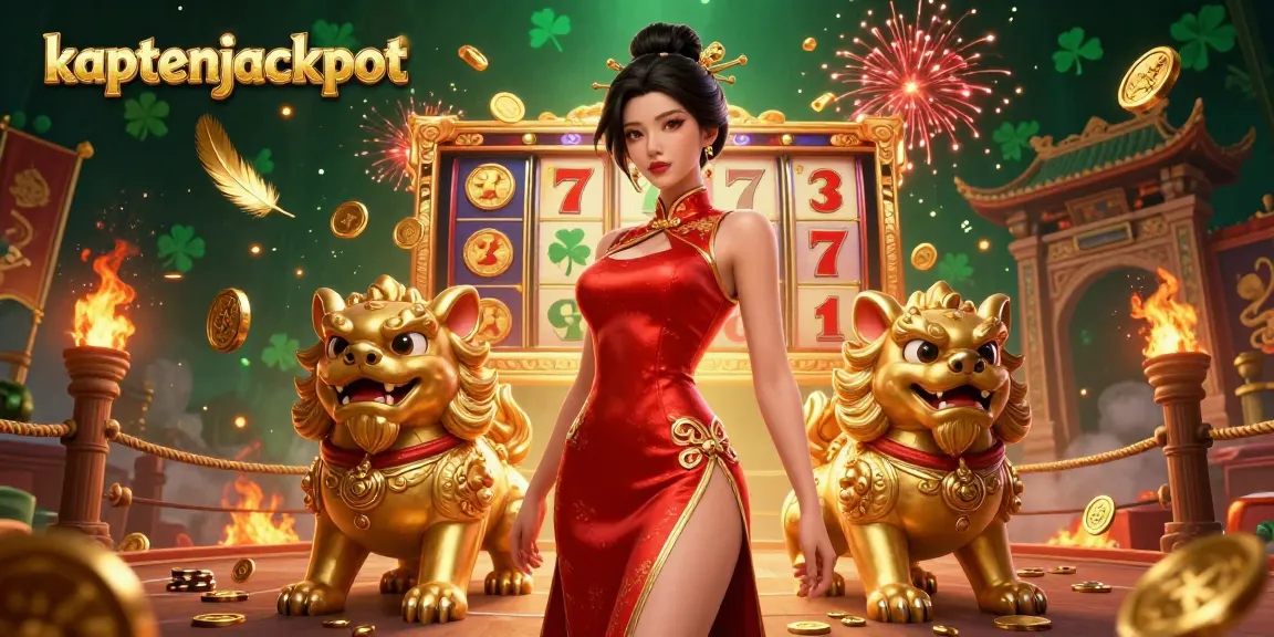Experience thrilling games at kaptenjackpot, featuring a glamorous woman with golden foo dog guardians surrounded by vibrant slot elements.