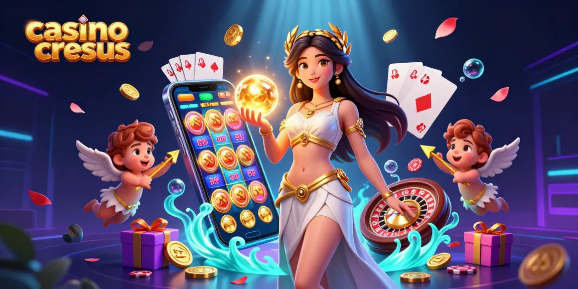 Gagnez gros au casino cresus avec une déesse de la chance, entourée de machines à sous vibrantes et de gains dorés.