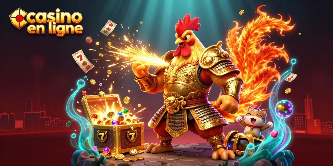 Gagnez gros au casino en ligne avec une scène dynamique de personnages de dessins animés entourés d'éléments de jeu vibrants.