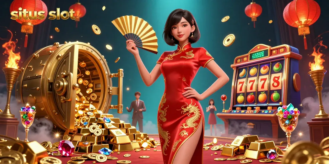 Experience situs slot excitement with vibrant casino elements, showcasing jackpots and gold treasures.