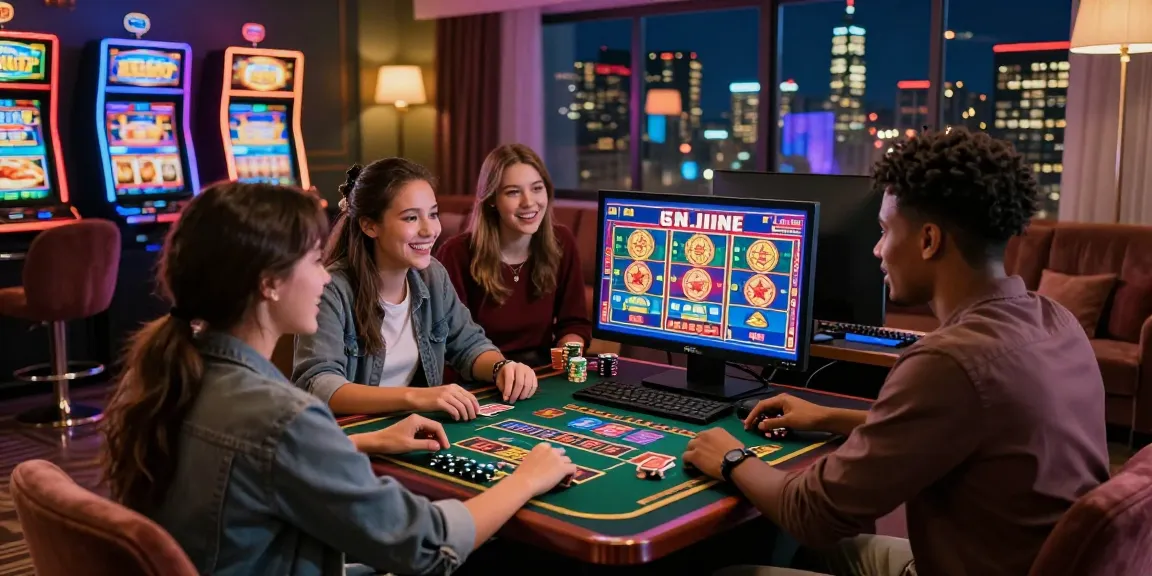 Expérience de jeu passionnante de casino en ligne avec des amis profitant de machines à sous virtuelles et de jeux de cartes dans un cadre confortable.