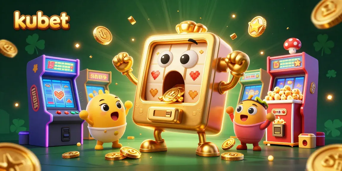 Kubet transforms gaming excitement with a golden slot machine hitting a jackpot as coins overflow.