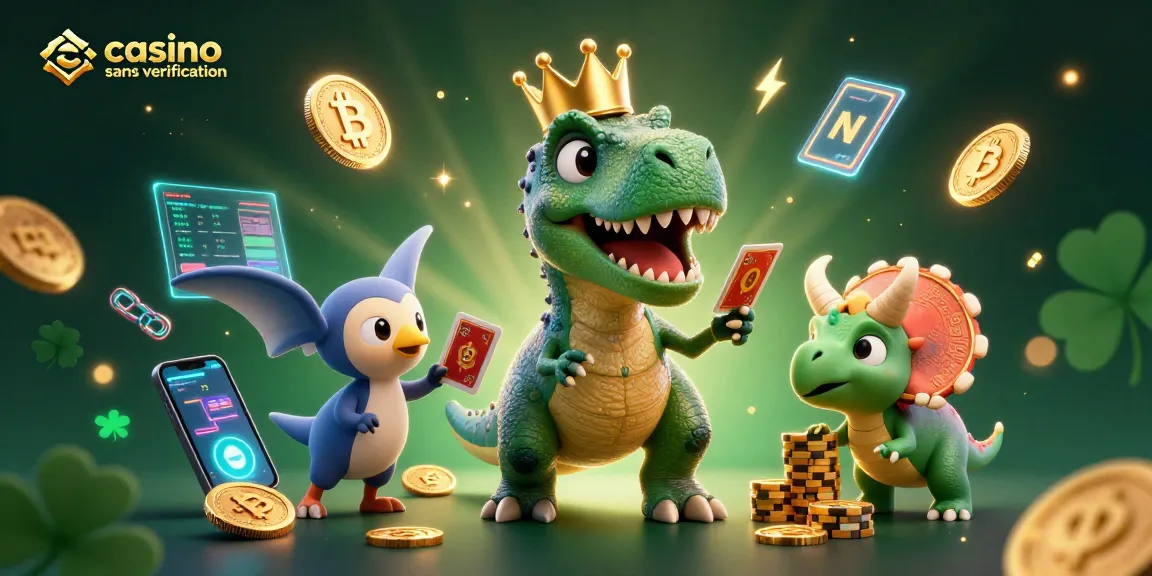 Jouer à casino sans vérification avec un T-Rex, un ptérodactyle et un tricératops dans une scène colorée.