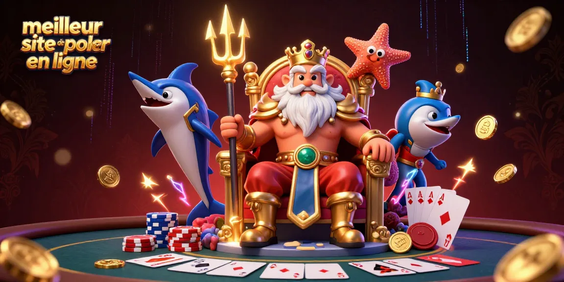 Découvrez le meilleur site de poker en ligne avec une scène dynamique de Neptune et des éléments de jeu célèbres.