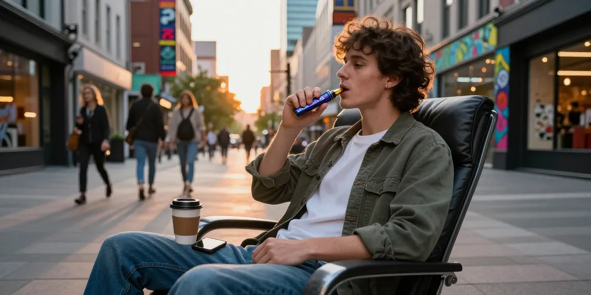 Individual enjoying a lazy-boy-delta-8-vape-review in a vibrant urban setting, showcasing lifestyle and culture.