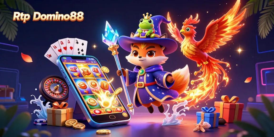 Engage with Rtp Domino88 on a vibrant online gambling illustration featuring dynamic casino elements.