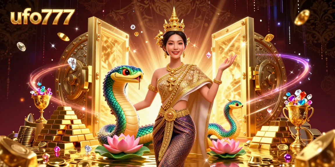 Spin the reels and win big with ufo777's vibrant casino illustration showcasing gold bars, gems, and dynamic characters.