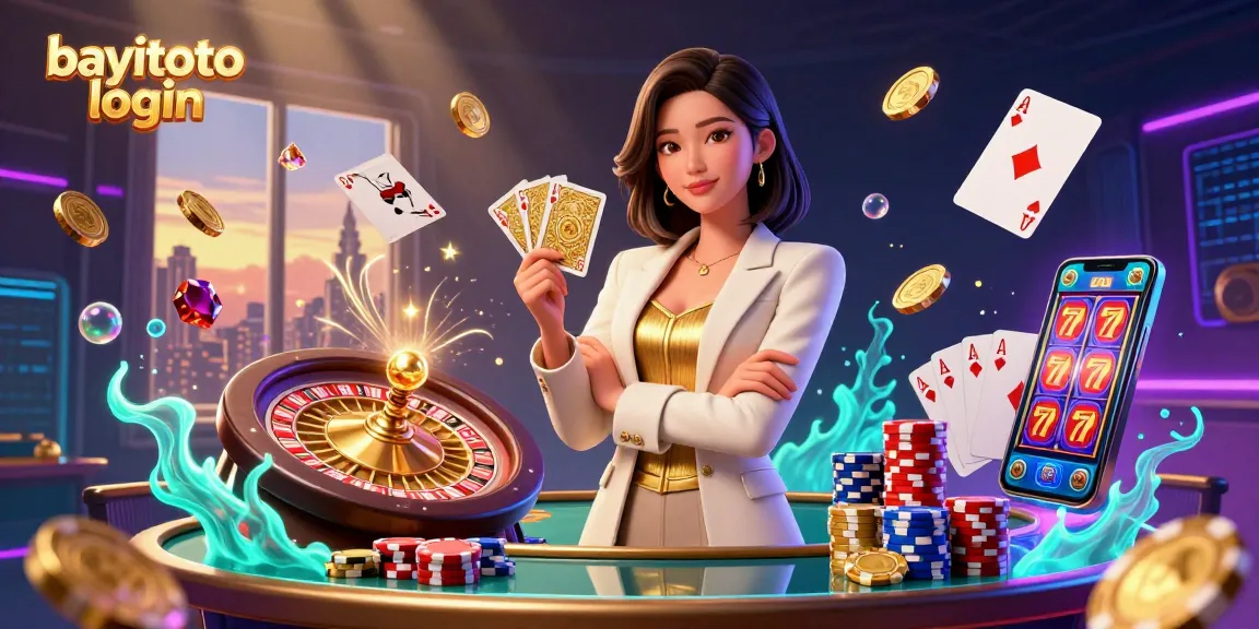 BAYITOTO login showcases a glamorous Asian woman holding cards amid swirling coins and poker elements in a vibrant casino scene.