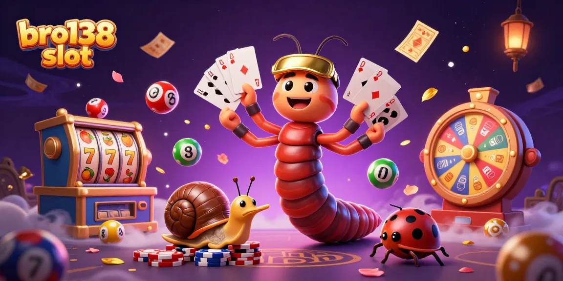 Engage with bro138 slot action in a vibrant 3D scene featuring a cartoon millipede dealer and colorful game elements.