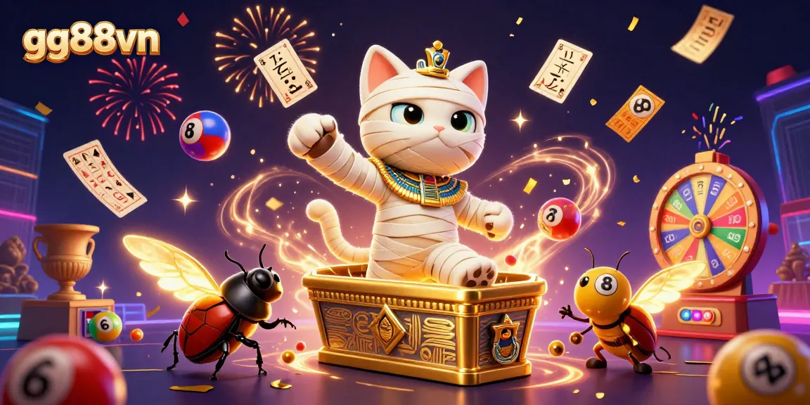 Experience winning excitement with gg88vn's vibrant online gaming scene featuring a mummy cat.