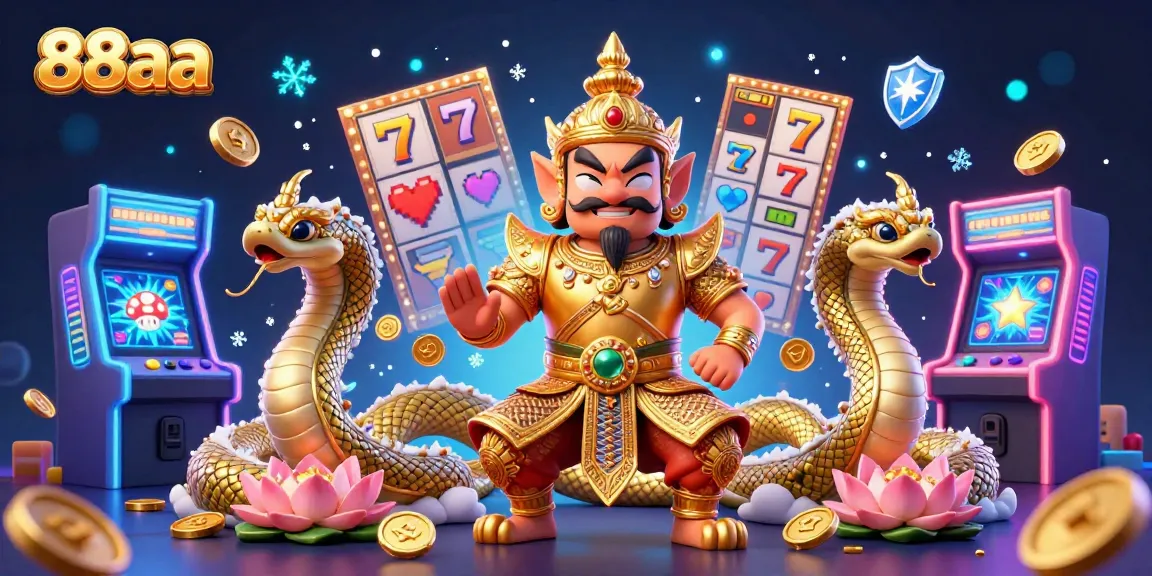 88aa entices players with vibrant gambling scenes filled with slot machines and a temple guardian.