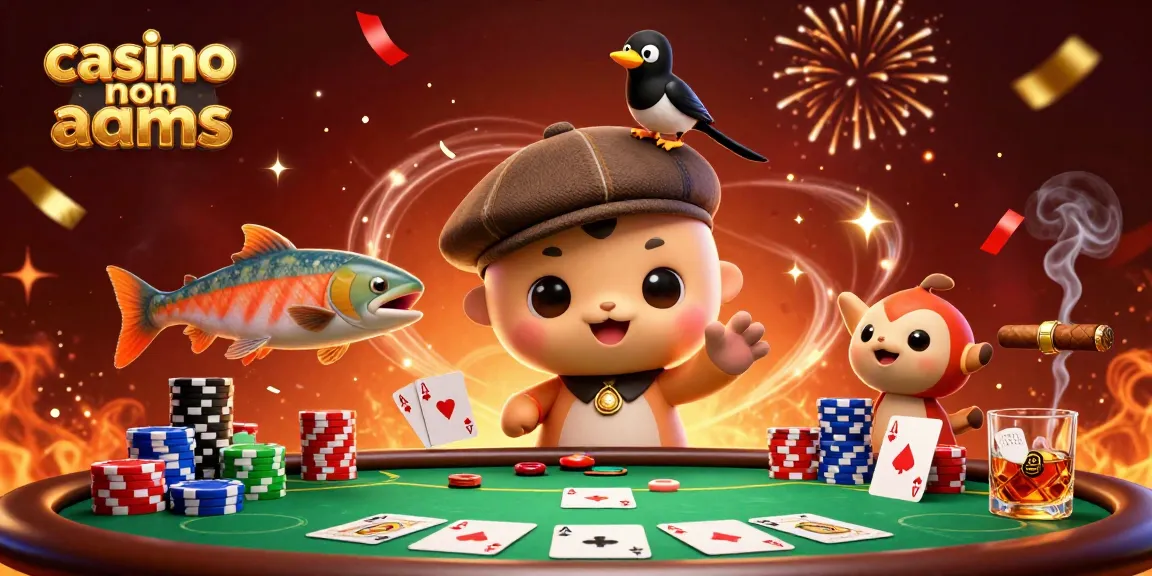 Partecipa a un divertimento emozionante nei casino non AAMS con personaggi vivaci, elementi di poker e azione dinamica racchiusa nell'illustrazione.