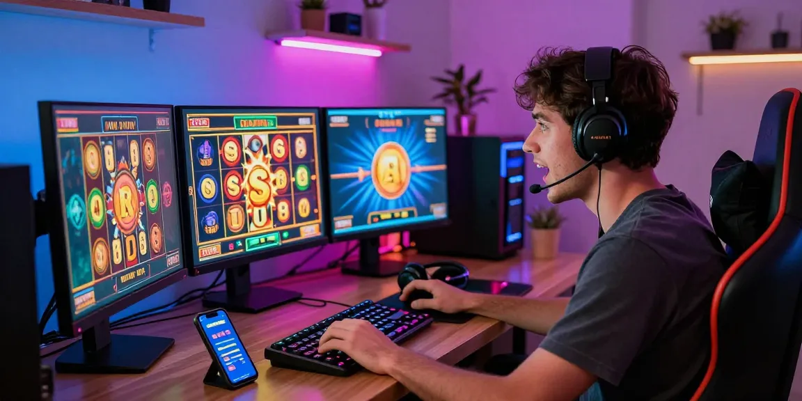 Slot depo 1k gaming scene with player engaged in online slots, showcasing vibrant graphics and excitement.