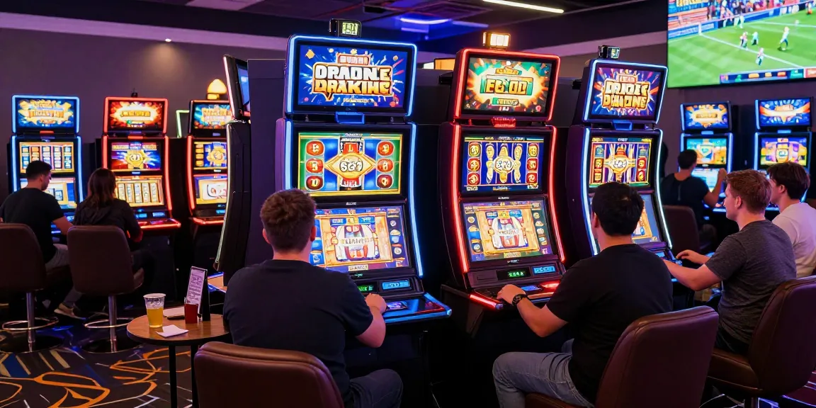 Players enjoying slot games in lively casino atmosphere with colorful machines