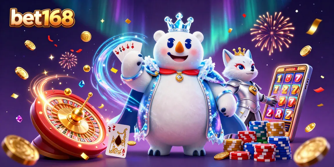 Experience vibrant gaming action with bet168, featuring a royal polar bear and snow fox amid dazzling casino elements.