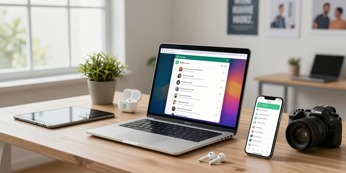 User engaged with WhatsApp網頁版 on a sleek laptop in a modern workspace, showcasing vibrant chat interface.