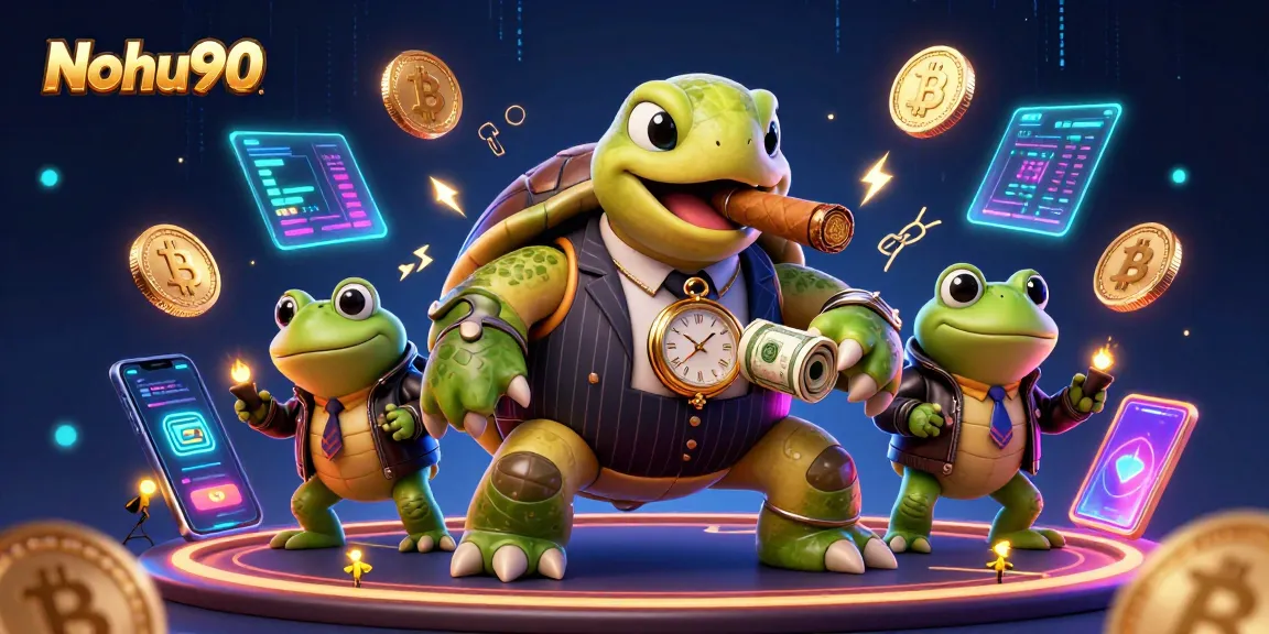 Nohu90 displays an engaging scene with a snapping turtle and bullfrog enforcers enjoying vibrant casino elements.