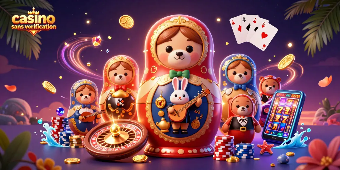 Profitez du casino sans vérification avec des ours Matryoshka en tenue de croupier dans une scène animée.