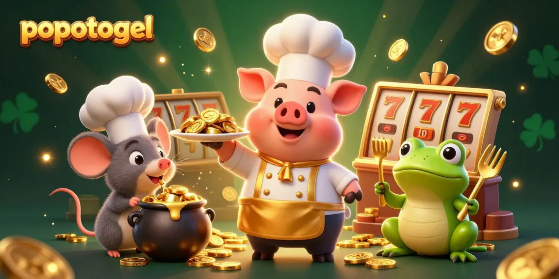 Experience Popotogel's vibrant gaming scene with a chef pig serving gold coins, emphasizing fun and excitement.