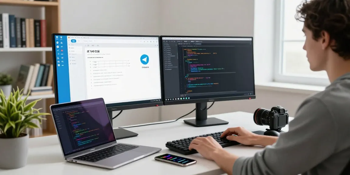 Developer coding the 纸飞机中文版 Telegram app in a modern workspace, showcasing dual monitors and tech tools.