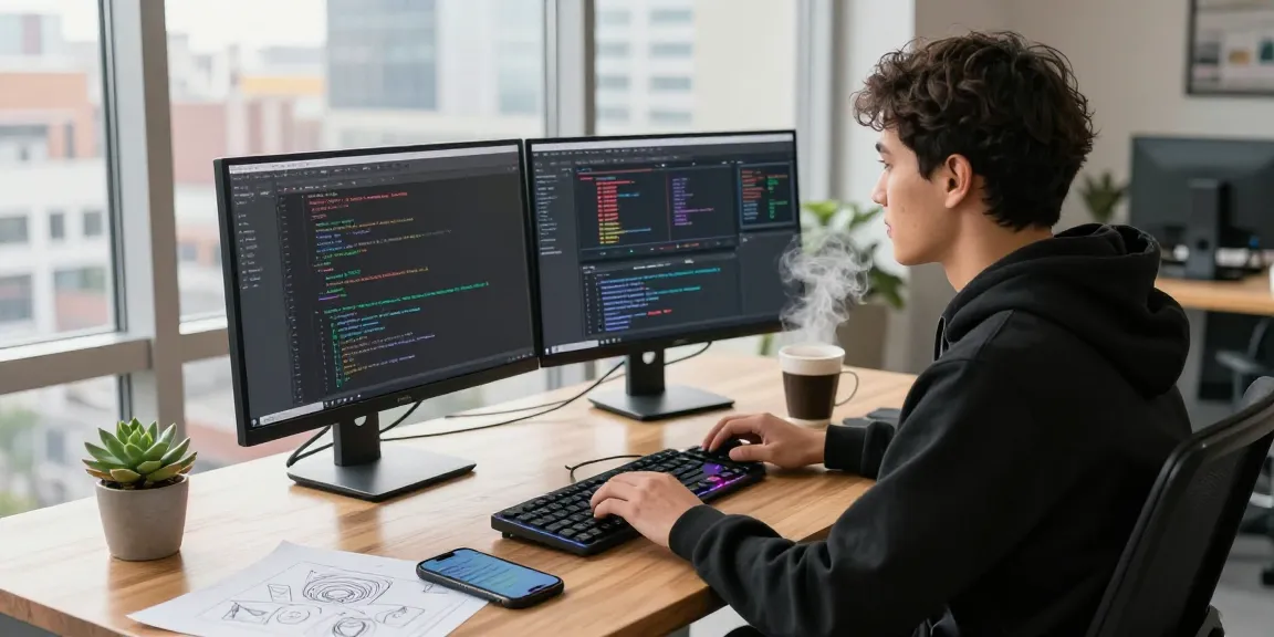 Dynamic software developer workspace at telegraimin.com with code and vibrant city view.