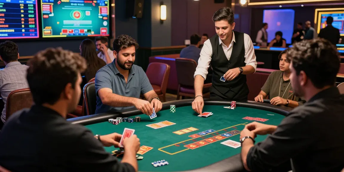 Engaged players enjoying the andar bahar game in a lively online casino, with vibrant lights and real dealers interacting.