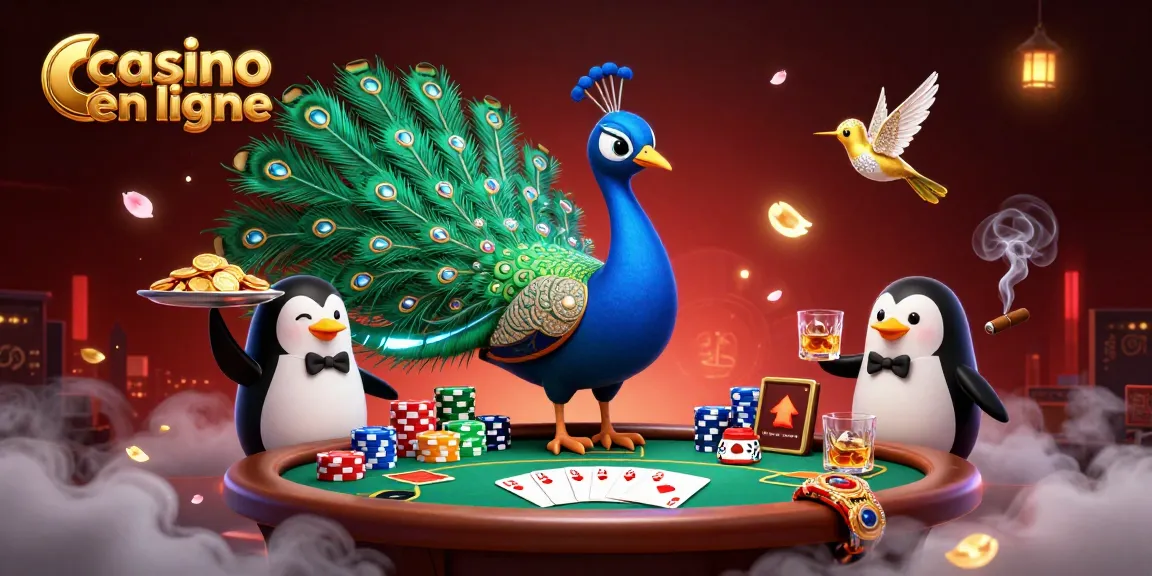 Plongez dans l'univers du casino en ligne avec un paon majestueux et son majordome pingouin, entourés de jetons dorés et d'une ambiance festive.
