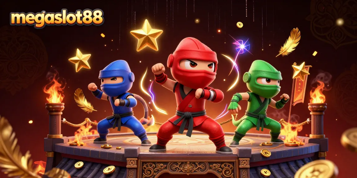 Engage with megaslot88 in a vibrant, dynamic scene featuring ninja chameleons and casino elements.