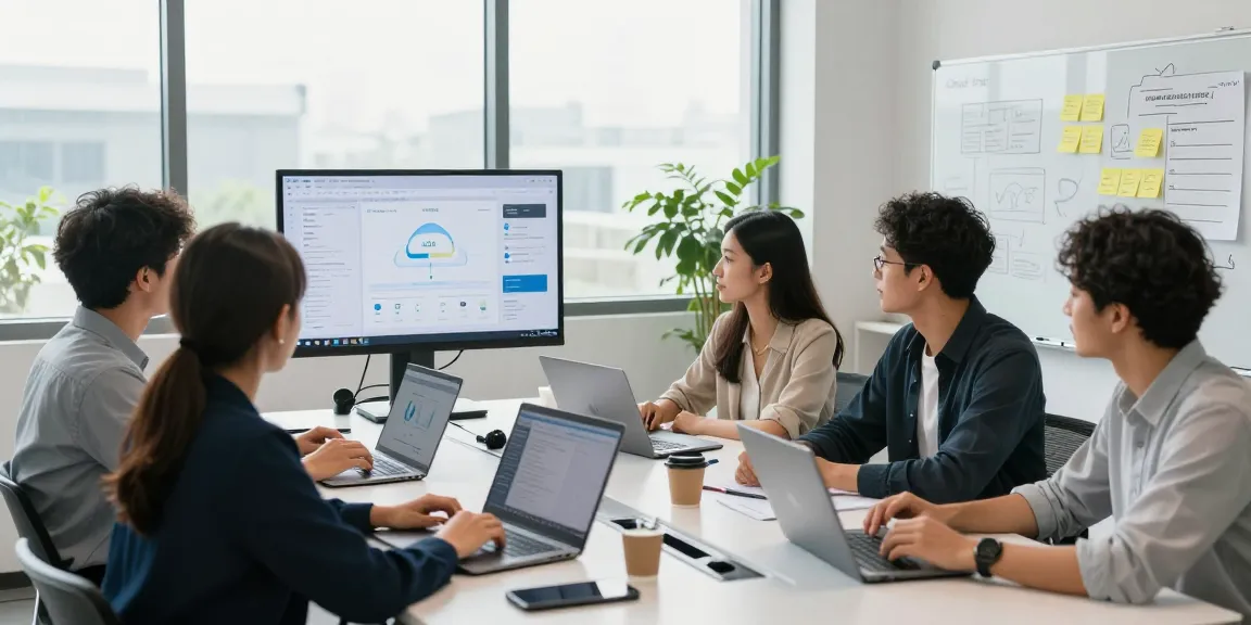 Team collaboration around a cloud PBX system showing מרכזיות בענן in a modern office.