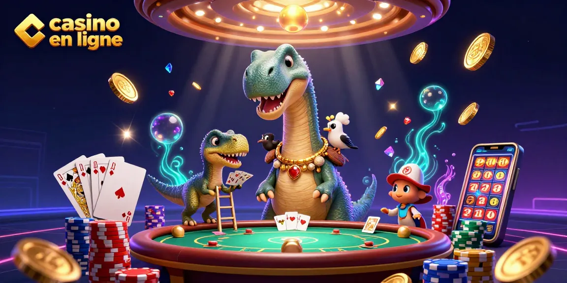 Plongez dans l'univers du casino en ligne avec une illustration captivante de dinosaures et de jeux de cartes.
