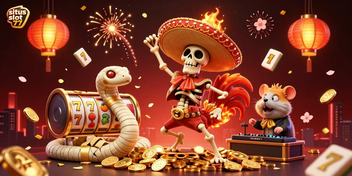 Situs slot 77 showcases a lively scene with festive characters celebrating wins amidst floating slots and golden coins.
