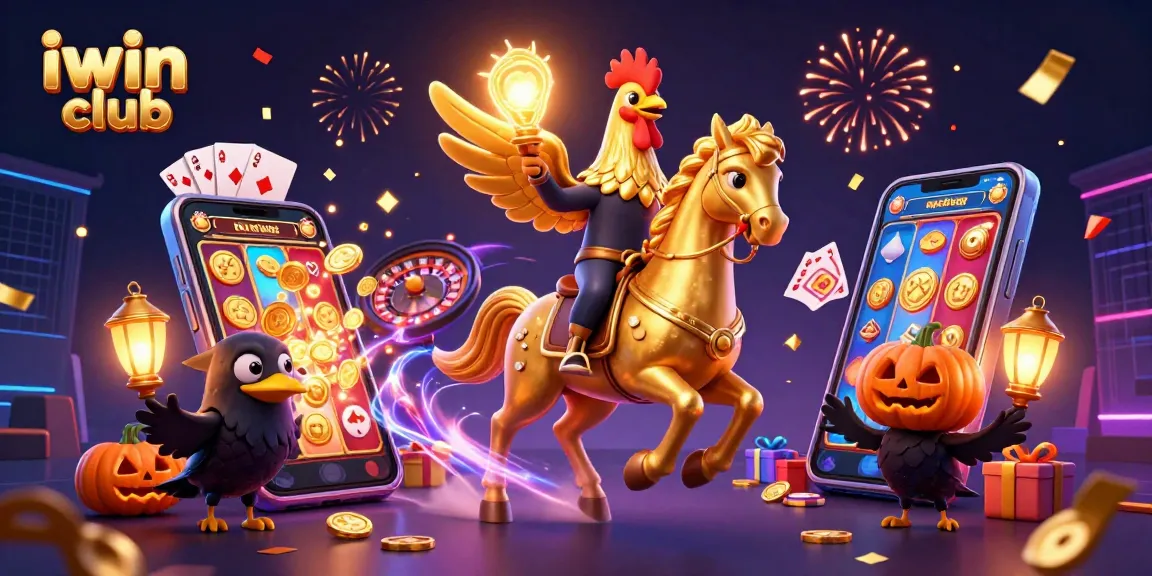 Experience thrilling gameplay at iwin club with golden rooster and casino elements in a festive scene.