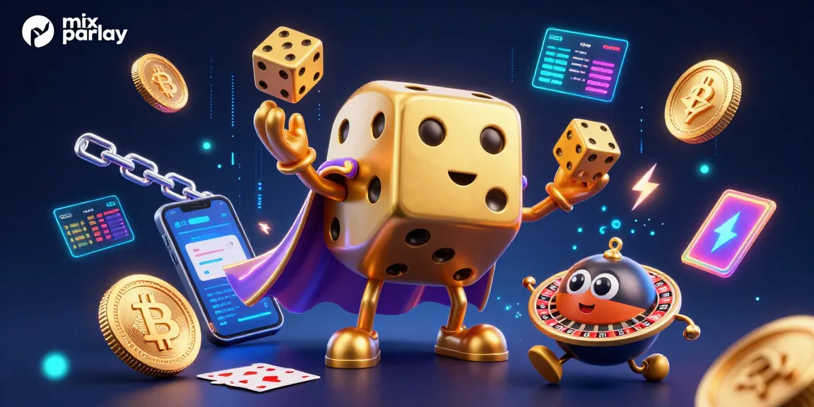 Experience the exhilarating mix parlay action in this vibrant 3D illustration showcasing dice and crypto elements.