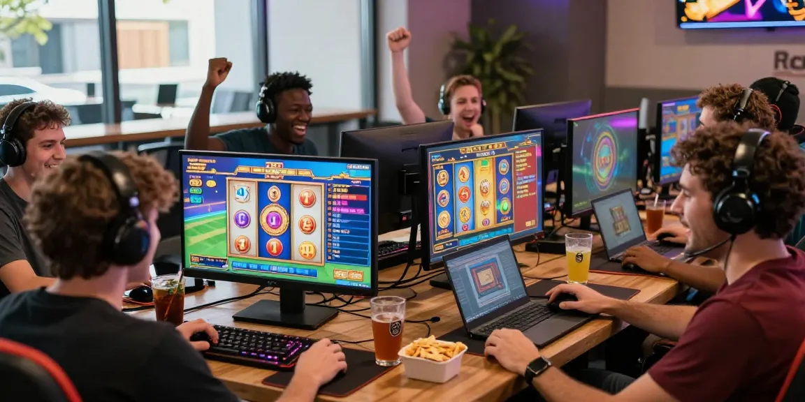 Excited players enjoying kecak4d online slot games in a vibrant gaming lounge