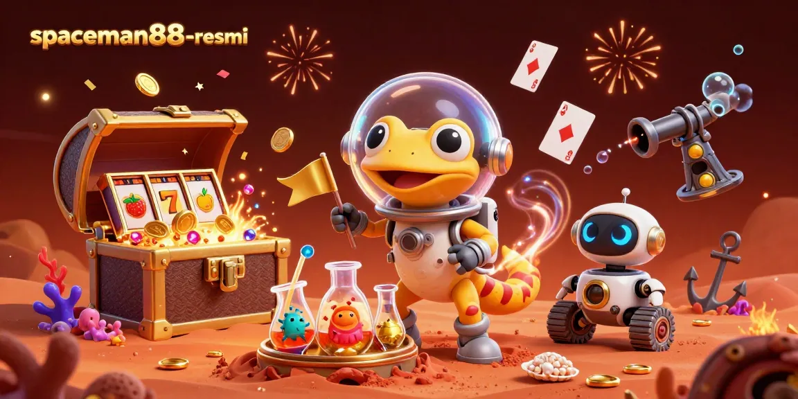 Experience the excitement of spaceman88-resmi with a Martian gecko discovering a golden casino surrounded by colorful slot elements.