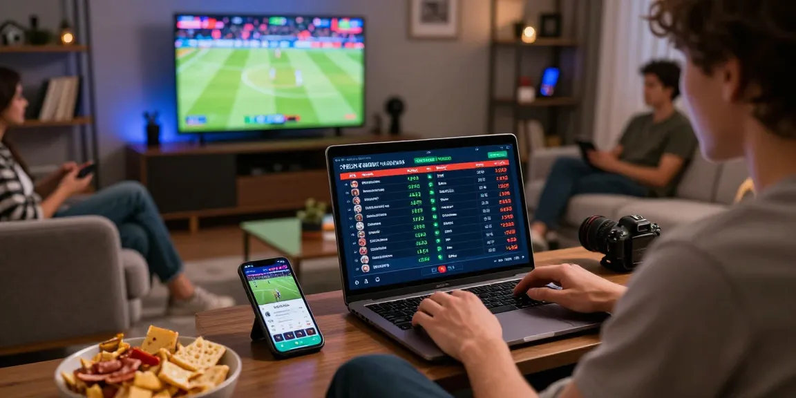 Person engaging in link alternatif raja328 sports betting on a laptop in a lively atmosphere.
