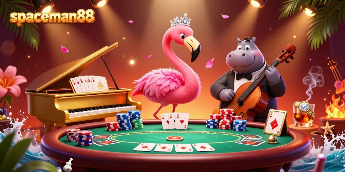 Engage with the vibrant gaming showcase at spaceman88, featuring a flamingo singer, poker chips, and vibrant casino elements.