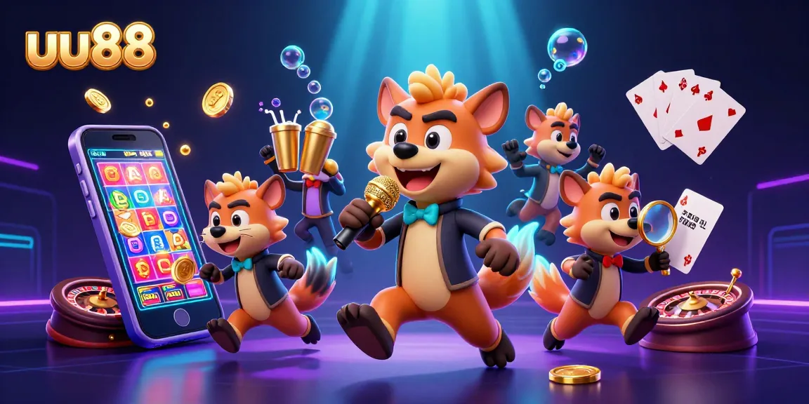 uu88 hyenas humorously running a casino scene with vibrant slot game elements surrounding them