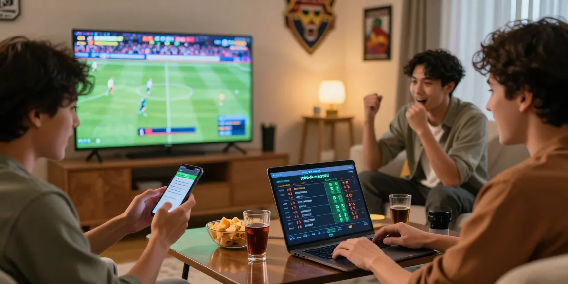 Engaged friends enjoying online betting at https://shbet.cruises/ in a cozy living room during a sports event.
