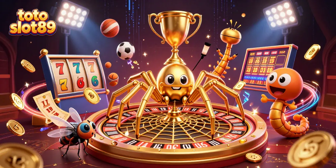 Toto slot89 showcases a vibrant 3D scene with a golden spider, a fly betting nervously, and a centipede croupier in a casino setting.
