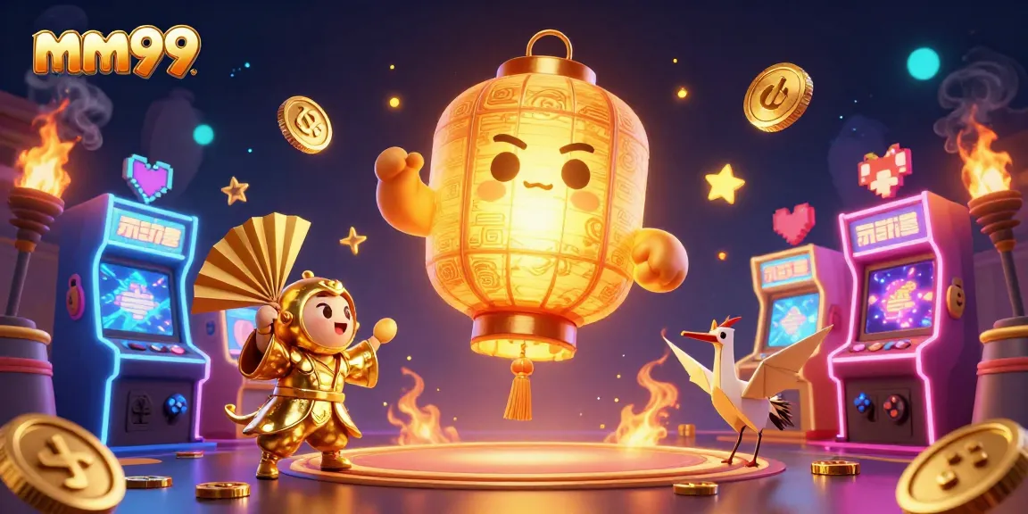 Experience thrilling mm99 gameplay with a magical golden lantern spirit and vivid casino elements.