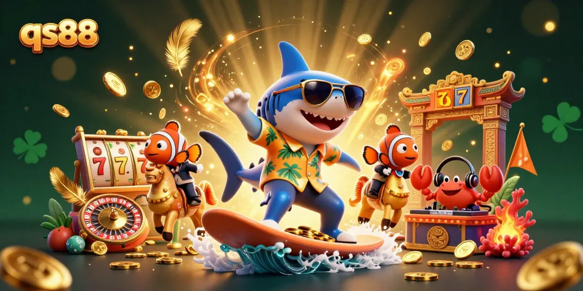 Experience the excitement of qs88 with a vibrant 3D illustration of a shark and a clownfish at a casino