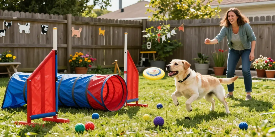 Energetic Labrador retriever training session in vibrant play area featuring NAGA2000 agility obstacles.