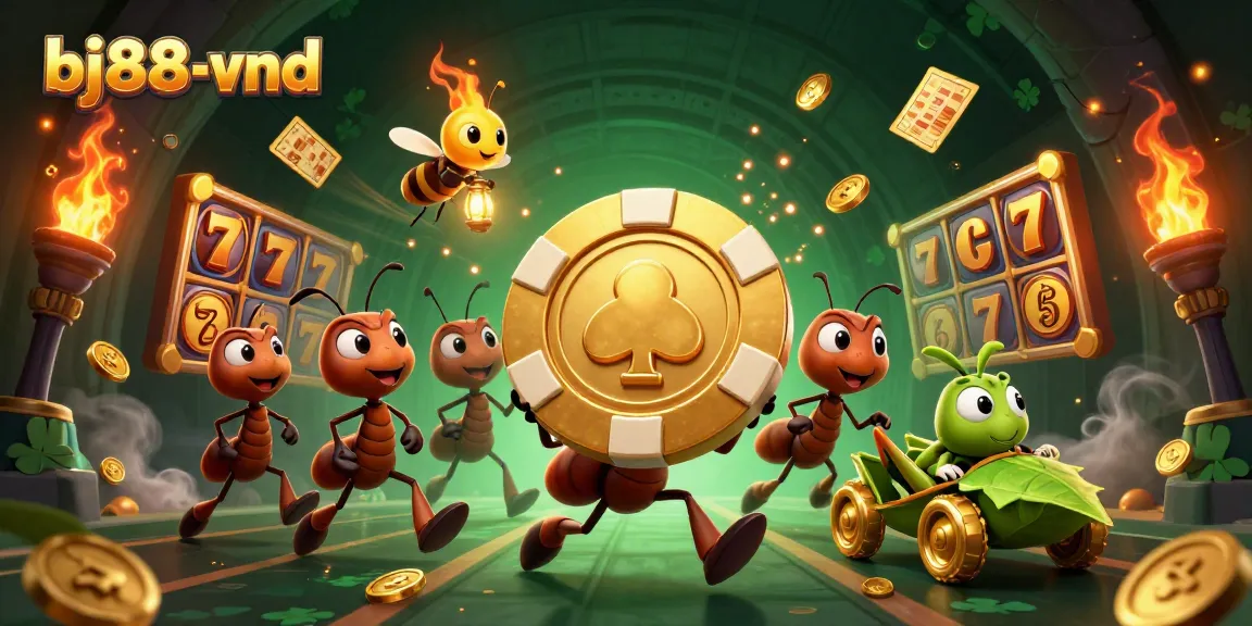 Engage with bj88-vnd's dynamic 3D casino scene, where ants conduct a heist amidst vibrant gaming elements.