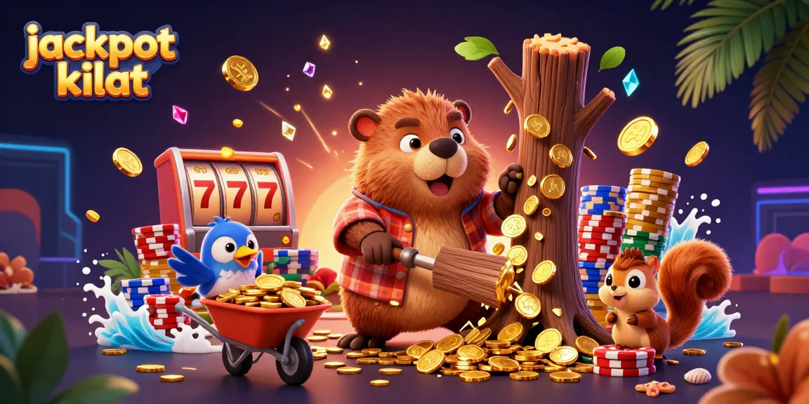 Experience thrilling jackpot kilat moments with vibrant 3D cartoon characters and slot game elements.